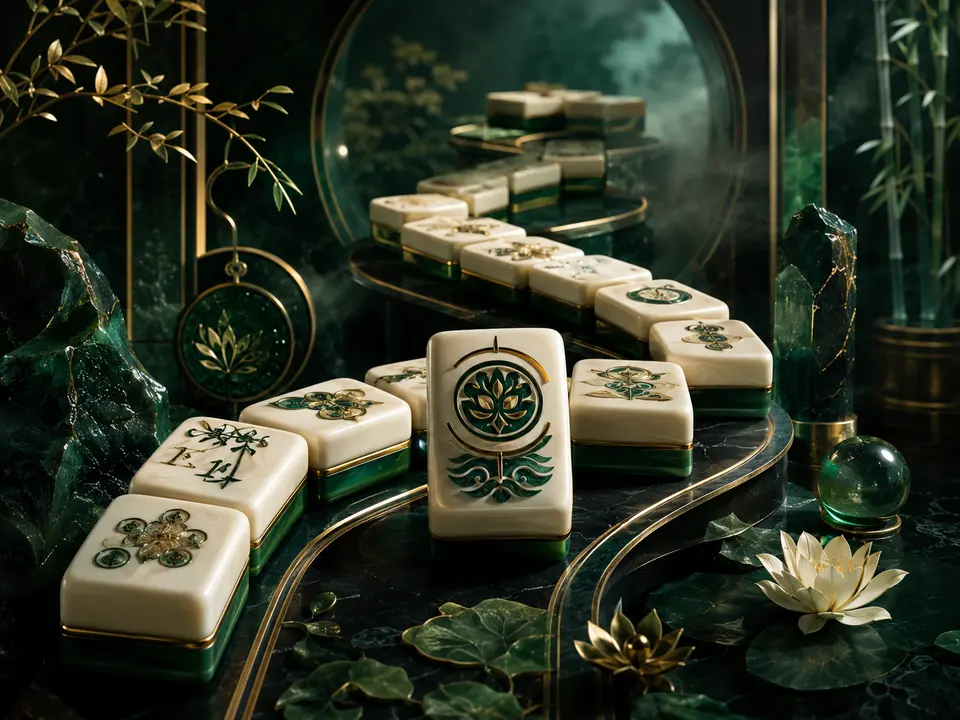 Ilustrasi permainan bertema Mahjong dengan ubin hijau dan emas untuk GG108