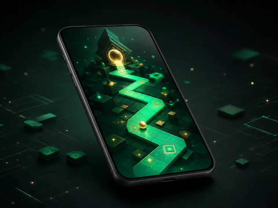 Ilustrasi ponsel dengan dunia game hijau untuk kategori mobile GG108