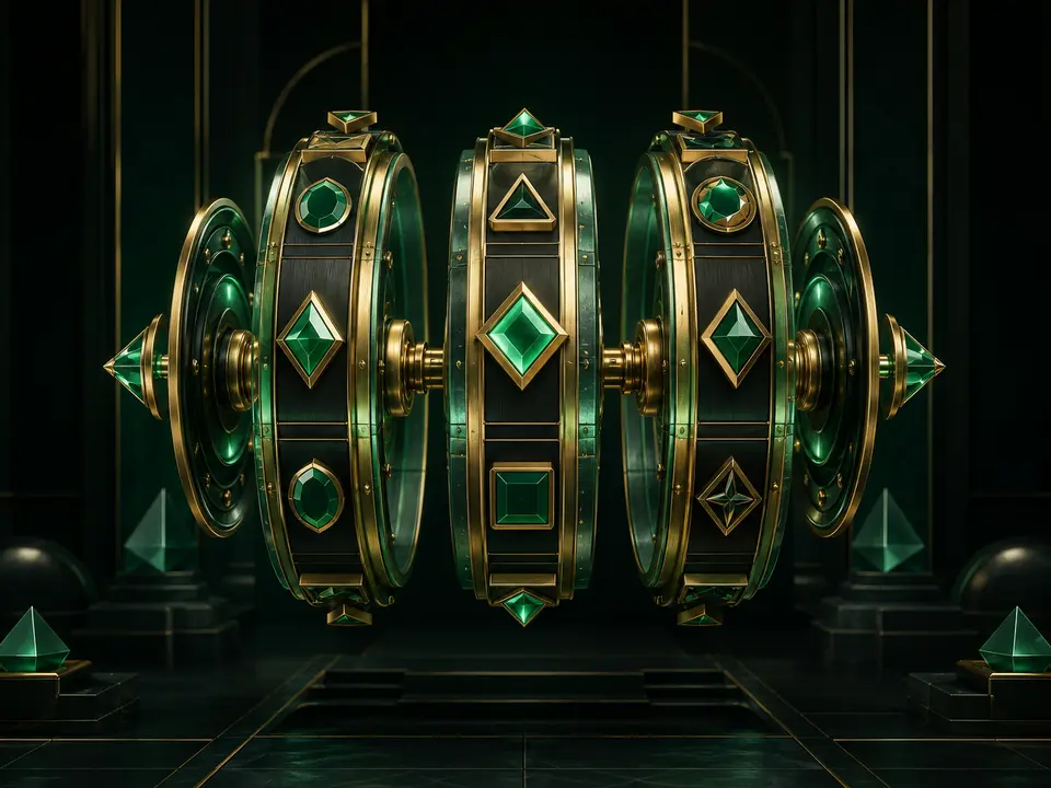 Ilustrasi mekanisme gulungan geometris hijau dan emas untuk GG108 slot